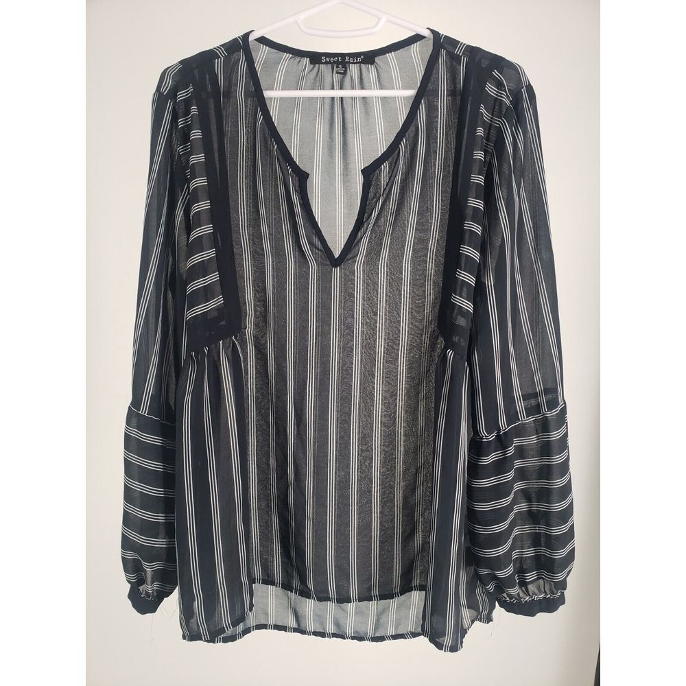 Sweet Rain Blouse Womens Large 3/4 Sleeve Black Triple Stripe Sheer Print V-Neck